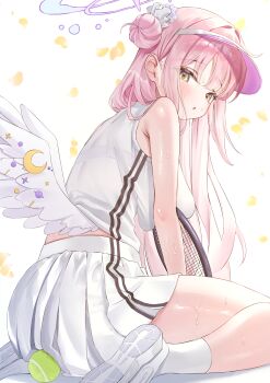 1girl absurdres angel_wings ball blue_archive blush commentary_request crescent feathered_wings hair_bun highres long_hair looking_at_viewer low_wings mika_(blue_archive) open_mouth pink_hair pleated_skirt racket shirt shoes single_hair_bun single_side_bun skirt sleeveless sleeveless_shirt sneakers socks solo sportswear sweat tennis_ball tennis_racket tennis_uniform very_long_hair wfa5051 white_shirt white_skirt white_wings wing_ornament wings yellow_eyes