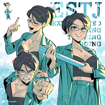 16personalities 1girl anger_vein angry black_hair blue_eyeliner blue_eyes blue_jacket blue_lips blue_pants blue_theme breasts cleavage clenched_teeth closed_eyes cloumello commentary crop_top earrings executive_(16personalities) eyeliner glasses highres holding_ruler index_finger_raised jacket jewelry lipstick looking_at_viewer makeup medium_breasts multiple_views myers-briggs_type_indicator necklace open_clothes open_jacket open_mouth pants pointing pointing_at_viewer rectangular_eyewear short_hair smile teeth