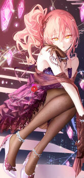 1girl :o absurdres arm_tattoo black_gloves black_pantyhose dress floating_stairs gem glint gloves hair_between_eyes haruri highres idolmaster idolmaster_cinderella_girls jougasaki_mika pantyhose pink_hair purple_dress see-through_clothes see-through_shawl shawl side_ponytail sitting solo strapless strapless_dress tattoo wavy_hair