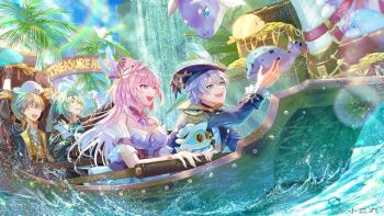 1girl 3boys absurdres amusement_park anaxa_(honkai:_star_rail) animal animal_on_head azukimaru black_jacket blue_sky boat breasts bubbles_(honkai:_star_rail) caelus_(honkai:_star_rail) chimera_(honkai:_star_rail) commentary cyrene_(honkai:_star_rail) cyrene_(ripples_of_past_reverie)_(honkai:_star_rail) day dress dromas_(honkai:_star_rail) english_commentary epaulettes green_hair grey_hair hair_ornament hat highres honkai:_star_rail honkai_(series) jacket large_breasts long_hair multiple_boys on_head phainon_(honkai:_star_rail) pink_hair pirate_hat purple_dress purple_eyes seal_(animal) second-party_source short_hair single_epaulette sky trailblazer_(honkai:_star_rail) treasure_chest very_long_hair water watercraft white_hair