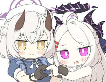 2girls ahoge black_gloves blue_archive blue_dress braid brown_eyes center_frills chibi closed_mouth collared_shirt dress frills gloves grey_hair hair_ornament hairclip halo hat heart heart_hands highres hina_(blue_archive) holding_another&#039;s_wrist horns miranofuudoria multiple_girls nurse nurse_cap parted_bangs parted_lips puffy_short_sleeves puffy_sleeves purple_hair sena_(blue_archive) shirt short_sleeves simple_background sleeveless sleeveless_shirt smile upper_body wavy_mouth white_background white_hat white_shirt