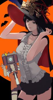 2girls black_choker black_eyes black_hair black_shorts blouse breasts brown_hair camera cape choker closed_mouth clothing_cutout collarbone cowboy_shot fatal_frame fatal_frame:_maiden_of_black_water frills gauss_&lt;bokashi halloween hat highres hinasaki_miu holding kozukata_yuuri lips long_hair looking_at_viewer multiple_girls ribbon shirt short_shorts shorts shoulder_cutout skirt smile thigh_strap