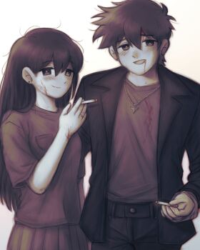 1boy 1girl absurdres alternate_costume antenna_hair belt black_belt black_eyes black_hair black_jacket black_pants blood blood_on_clothes blood_on_face blush breast_pocket bright_pupils brown_hair cigarette closed_mouth commentary double-parted_bangs ear_piercing english_commentary hair_between_eyes hero_(faraway)_(omori) hero_(omori) highres holding holding_cigarette jacket jewelry long_hair looking_at_viewer male_focus mari_(faraway)_(omori) mari_(omori) necklace omori open_clothes open_jacket pants piercing pleated_skirt pocket setosexual shirt short_sleeves simple_background skirt smile t-shirt white_background white_pupils