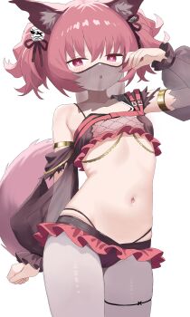 :o absurdres animal_ear_fluff animal_ears arknights arm_up bare_shoulders black_panties blush cowboy_shot dancer flat_chest frills grey_pantyhose hair_between_eyes heart heart-shaped_pupils highres loli long_sleeves looking_at_viewer microskirt mouth_veil navel panties pantyhose parted_lips pink_eyes pink_hair pink_skirt pink_tail revealing_clothes risa_rierisa see-through_clothes shamare_(arknights) short_hair skirt standing stomach symbol-shaped_pupils tail underwear veil