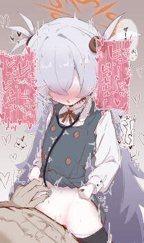 1boy 1girl black_pantyhose blue_archive blush brown_ribbon clothes_lift clothes_pull collared_shirt commentary_request dress dress_lift flat_chest grey_dress grey_hair hair_over_one_eye halo heart hetero highres kanoe_(blue_archive) lifting_own_clothes long_hair long_sleeves navel neck_ribbon niss_oekaki nose_blush open_mouth orange_halo panties panty_pull pantyhose pantyhose_pull puffy_long_sleeves puffy_sleeves ribbon sex shirt speech_bubble stethoscope trembling two_side_up underwear very_long_hair white_panties white_shirt