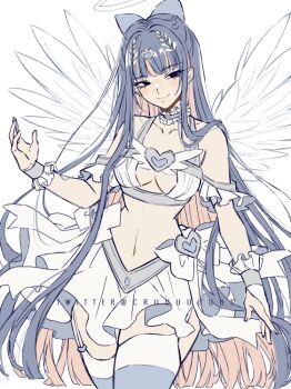 1girl angel angel_wings blue_eyes blunt_bangs bow breasts choker cleavage cleavage_cutout clothing_cutout colored_inner_hair criis-chan english_text gothic_lolita hair_bow hair_ornament halo heart heart_hair_ornament large_breasts lolita_fashion long_hair looking_at_viewer midriff miniskirt multicolored_hair navel panty_&amp;_stocking_with_garterbelt pink_hair purple_hair revealing_clothes skirt smile solo stocking_(psg) striped_clothes striped_leggings striped_thighhighs thighhighs traditional_halo twitter_username two-tone_hair wings