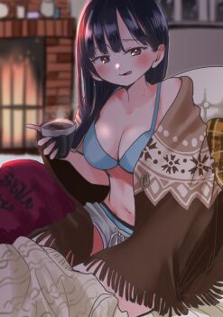 Rule 34 | 1girl, black hair, blanket, boku no kokoro no yabai yatsu, boyshort panties, bra, breasts, brown eyes, chair, cleavage, drink, fireplace, food, highres, holding, holding drink, hot chocolate, indoors, large breasts, licking lips, long hair, on chair, sakurai norio, short shorts, shorts, solo, tagme, tongue, tongue out, underwear, yamada anna