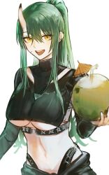Rule 34 | 1girl, :d, aiv, arknights, black shirt, breasts, coconut, crop top, green hair, highres, holding, horns, hoshiguma (arknights), large breasts, long hair, long sleeves, looking at viewer, midriff, navel, open mouth, ponytail, shirt, simple background, single horn, smile, solo, stomach, underboob, upper body, very long hair, white background, yellow eyes