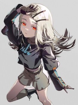 1girl arm_belt arm_up belt black_belt black_boots black_gloves black_shirt blonde_hair boots breasts clothes_writing colored_eyelashes commentary_request cropped_shirt expressionless feet_out_of_frame fingerless_gloves flipped_hair gakuen_idolmaster gloves gradient_hair grey_background grey_hair grey_shorts grey_socks hair_ornament hairclip hand_on_own_forehead hazuki_mizuho highres howling_over_the_world_(idolmaster) idolmaster kneehighs lace-up_boots layered_sleeves long_hair long_sleeves looking_at_viewer medium_breasts midriff multicolored_hair orange_eyes parallel_hairclips parted_bangs parted_lips partially_fingerless_gloves shinosawa_hiro shirt short_over_long_sleeves short_sleeves shorts simple_background single_fingerless_glove socks solo standing standing_on_one_leg zipper