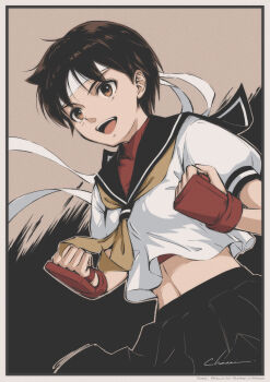 Rule 34 | 1girl, absurdres, black skirt, brown eyes, brown hair, clenched hands, fingerless gloves, gloves, headband, highres, kasugano sakura, midriff, mma gloves, muted color, neckerchief, open mouth, red sports bra, school uniform, serafuku, shirt, short hair, skirt, smile, solo, sports bra, street fighter, tyanoki, upper body, very short hair, white headband, white shirt, yellow neckerchief