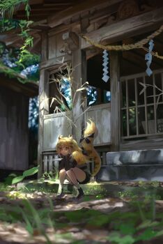 1girl 2bmm2 absurdres animal_ears black_bow black_shoes black_shorts black_sleeves blonde_hair blunt_bangs blurry blurry_background blurry_foreground bow commentary_request dot_nose eyelashes full_body hands_on_own_cheeks hands_on_own_face highres house jacket ju_fufu korean_commentary long_sleeves looking_to_the_side medium_hair outdoors shoes shorts sideways_mouth sitting sleeves_past_wrists socks solo tail tail_bow tail_ornament tail_raised tiger_ears tiger_girl tiger_tail white_socks yellow_eyes yellow_jacket zenless_zone_zero