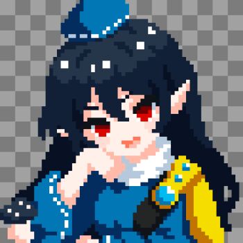 Rule 34 | 1girl, armor, artist logo, black hair, blue dress, blue hat, breasts, checkered background, commentary, dress, grey background, hair between eyes, hand on own cheek, hand on own face, hand up, hat, head rest, highres, iizunamaru megumu, logo, long hair, long sleeves, looking at viewer, medium breasts, mushroom, no nose, open mouth, pauldrons, pixel art, pointy ears, red eyes, ribbon-trimmed sleeves, ribbon trim, shoulder armor, shoulder guard, single pauldron, smile, solo, takeez3, tokin hat, touhou, upper body, wide sleeves