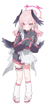1girl absurdres adapted_costume alternate_costume apron bamyamsj black_jacket black_wings blue_archive blush commentary enmaided eyes_visible_through_hair feathered_wings frilled_apron frills full_body hair_between_eyes hair_ornament hair_scrunchie halo hands_up head_wings heart highres jacket jersey_maid kneehighs koharu_(blue_archive) looking_at_viewer loose_socks low_wings maid maid_apron medium_hair no_headwear open_mouth pink_eyes pink_hair pink_halo scrunchie shoes simple_background sleeves_past_wrists socks solo standing strap_slip sweatdrop track_jacket tsurime unconventional_maid white_apron white_background white_scrunchie white_shoes white_socks winged_halo wings