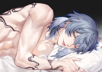 Rule 34 | arm tattoo, back tattoo, closed mouth, collarbone, commentary, earrings, finger tattoo, head wings, highres, honkai: star rail, honkai (series), jewelry, looking at viewer, lying, no halo, nude, on bed, on side, parted lips, pillow, rourouki, sunday (honkai: star rail), tattoo, teeth, toned, toned male, too many watermarks, veins, veiny arms, watermark, wings, yellow eyes