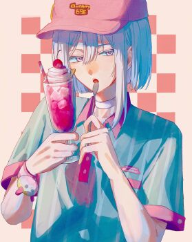 18trip 1boy azekawa_kinari blue_eyes blue_hair blue_shirt bracelet checkered_background cherry choker collared_shirt commentary contrast_collar drink drinking_straw food fruit hair_between_eyes highres holding holding_drink holding_spoon jewelry kawaii_diner_(18trip) long_sidelocks looking_at_viewer male_focus medium_hair open_mouth orebo_re red_pupils shirt short_sleeves sidelocks solo spoon striped_clothes striped_shirt upper_body vertical-striped_clothes vertical-striped_shirt whipped_cream white_choker