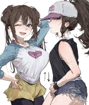 2girls :d arm_behind_head bare_shoulders baseball black_pantyhose black_vest blue_eyes breast_envy breasts brown_hair closed_mouth cowboy_shot denim denim_shorts double_bun glaring hair_between_eyes hair_bun hand_on_own_hip highres hilda_(pokemon) large_breasts le_(szs0k) multiple_girls nintendo one_eye_closed open_mouth pantyhose pokemon pokemon_bw pokemon_bw2 ponytail print_shirt raglan_sleeves rosa_(pokemon) shirt short_shorts shorts simple_background sleeveless sleeveless_shirt small_breasts smile three-quarter_sleeves torn_clothes torn_shorts vest white_background white_shirt wristband yellow_shorts