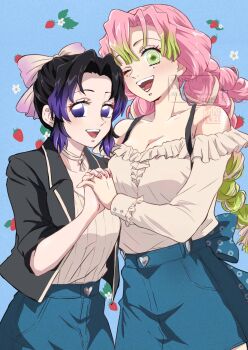 Rule 34 | 2girls, alternate costume, bare shoulders, black hair, blue background, blue skirt, bow, breasts, collarbone, commentary request, cowboy shot, food, fruit, fruit background, gradient hair, green eyes, green hair, hair bow, highres, holding hands, kakefu 302, kanroji mitsuri, kimetsu no yaiba, kochou shinobu, long sleeves, looking at viewer, medium breasts, mole, mole under eye, multicolored hair, multiple girls, no pupils, off-shoulder shirt, off shoulder, one eye closed, open mouth, parted bangs, pink hair, purple eyes, purple hair, shirt, short hair, skirt, sleeves rolled up, smile, strawberry, two-tone hair, watermark