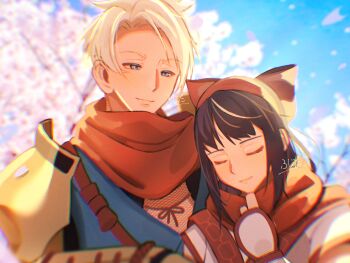 1girl ainu_clothes artist_name black_hair blonde_hair blue_eyes breasts closed_eyes fingerless_gloves galford_d_weller gloves hair_ribbon half-closed_eyes height_difference highres japanese_clothes lips long_hair nakoruru ninja pointy_hair ribbon samurai_spirits scarf small_breasts smile snk