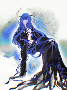 1girl absurdres arcana_(paradise_regained)_(reverse:1999) arcana_(reverse:1999) arrow_(projectile) arrow_in_body arrow_in_head black_dress black_skin blue_background blue_hair breasts center_opening chinese_commentary closed_mouth colored_extremities colored_skin commentary_request dress full_body gaiyonghunichengyicunzai404 gold_necklace hand_on_lap hand_on_own_knee happy hexagram highres jewelry light_smile long_dress long_hair long_sleeves medium_breasts necklace object_through_head official_alternate_costume outline reverse:1999 sitting solo torn_clothes torn_dress torn_sleeves two-tone_background very_long_hair wavy_hair white_background white_outline wide_sleeves yellow_eyes