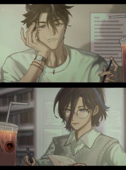 1boy 1girl absurdres alternate_universe bandaid bandaid_on_arm black_border black_hair blue_hair blurry blurry_background book bookshelf border clorinde_(genshin_impact) closed_mouth collared_shirt commentary cup dark_blue_hair disposable_cup drinking_straw english_commentary facial_scar genshin_impact glasses grey_eyes hair_between_eyes hand_on_own_cheek hand_on_own_face highres holding holding_paper jewelry long_hair_between_eyes looking_at_another looking_down mrskjn multicolored_hair necklace paper pen purple_hair scar scar_on_cheek scar_on_face semi-rimless_eyewear shirt short_hair split_screen streaked_hair vest watch white_shirt wriothesley_(genshin_impact) writing