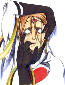 1boy absurdres arm_up blank_eyes blue_nails brown_hair circlet commentary_request earrings eyelid_pull finger_in_own_mouth gold_circlet guilty_gear hand_on_own_head heart highres hoop_earrings jewelry male_focus open_mouth portrait raised_inner_eyebrows short_hair simple_background solo storyteller777 straight-on white_background zappa