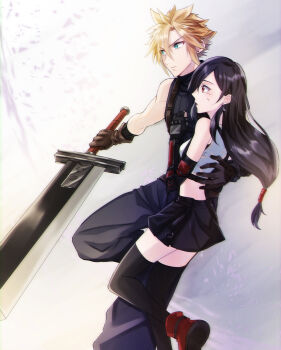 1boy 1girl absurdres armor baggy_pants bare_shoulders black_gloves black_hair black_skirt black_thighhighs blonde_hair blue_eyes blue_pants boots breasts brown_gloves buster_sword closed_mouth cloud_strife commentary_request crop_top earrings elbow_gloves feet_out_of_frame final_fantasy final_fantasy_vii final_fantasy_vii_remake fingerless_gloves from_side gloves hair_behind_ear hair_between_eyes hand_on_another&#039;s_back height_difference highres holding holding_sword holding_weapon jewelry leg_up light_blush long_hair low-tied_long_hair medium_breasts midriff miniskirt mizuamememe pants profile red_boots red_eyes short_hair shoulder_armor single_arm_guard single_bare_shoulder single_earring skirt sleeveless sleeveless_turtleneck spiked_hair stud_earrings suspenders sweatdrop sweater sword tank_top teardrop_earrings thighhighs tifa_lockhart turtleneck turtleneck_sweater weapon white_tank_top zettai_ryouiki