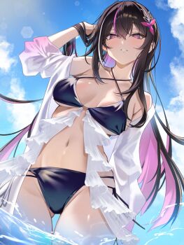 Rule 34 | 1girl, arm up, azki (hololive), black hair, blue sky, blush, breasts, breasts apart, check commentary, colored inner hair, commentary request, flower ornament, gluteal fold, hair flip, hair ornament, highres, hololive, lens flare, long hair, looking at viewer, looking down, medium breasts, multicolored hair, navel, non-circular lens flare, off-shoulder shirt, off shoulder, omoti (1201208), open clothes, open mouth, open shirt, pink hair, pink streaks, purple eyes, see-through clothes, see-through shirt, shirt, sky, smile, solo, sunlight, surf, swimsuit, underboob, very long hair, virtual youtuber, white shirt, white streaks