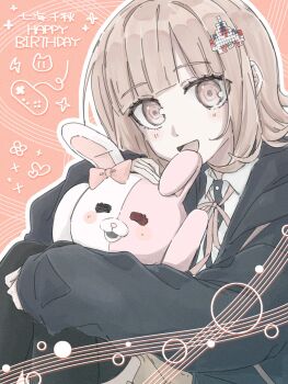 Rule 34 | 1girl, :d, black jacket, black shirt, black thighhighs, brown hair, brown skirt, commentary request, controller, danganronpa (series), danganronpa 2: goodbye despair, game controller, happy birthday, highres, jacket, long sleeves, medium hair, monomi (danganronpa), nanami chiaki, neck ribbon, open mouth, pink background, pink eyes, pink ribbon, ribbon, shirt, skirt, smile, thighhighs, two-tone shirt, white shirt, yow ame 621