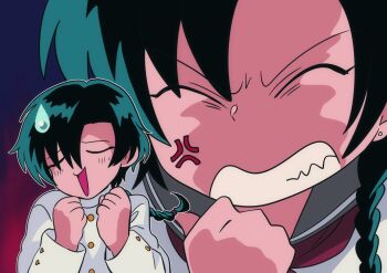 Rule 34 | 1980s (style), 1boy, 1girl, ^ ^, anger vein, angry, anime coloring, black hair, blush, braid, brother and sister, clenched hands, clenched teeth, closed eyes, comedic sweatdrop, commentary request, curtained hair, earrings, fake screenshot, faux retro artstyle, furrowed brow, gakuran, gradient background, green hair, grey sailor collar, hair between eyes, hair over one eye, hair tie, jewelry, long hair, long sleeves, maruo rocomi, multicolored hair, neckerchief, oldschool, open mouth, original, outline, pink background, purple background, red neckerchief, retro artstyle, sailor collar, school uniform, serafuku, shirt, short braid, siblings, side braid, sidelocks, single braid, stud earrings, sweatdrop, teeth, twins, two-tone hair, upper body, v-shaped eyebrows, white gakuran, white outline, white shirt