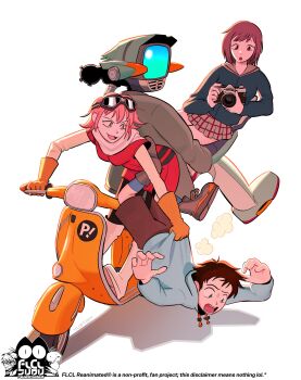 Rule 34 | 1boy, 1other, 2girls, :d, :o, absurdres, aiming, artist name, bent over, black leggings, blue eyes, blue jacket, blue shirt, bob cut, boots, breasts, brown eyes, brown footwear, brown hair, brown sailor collar, brown shorts, brown skirt, camera, canti, carrying, carrying person, clothes grab, collared shirt, commentary, constricted pupils, crt, drawstring, dress shirt, driving, falling, flcl, flcl reanimated, full body, gloves, grey jacket, grey socks, hands up, haruhara haruko, hashtag-only commentary, high tops, highres, holding, holding camera, hood, hood down, jacket, jacket grab, knee boots, layered sleeves, leggings, logo, looking at another, looking to the side, medium breasts, motor vehicle, multiple girls, nandaba naota, on vehicle, open mouth, orange gloves, pink hair, plaid clothes, plaid skirt, pleated skirt, puff of air, red hair, red jacket, robot, sailor collar, samejima mamimi, scared, school uniform, scooter, second-party source, serafuku, shadow, shirt, shoes, short hair, shorts, shouting, signature, simple background, sitting, sitting backwards, skirt, smile, sneakers, socks, taking picture, vespa, vurtiny, white background, white footwear, white shirt, yellow eyes