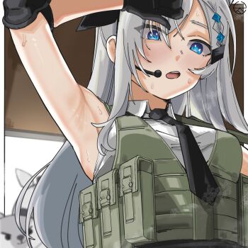 1girl :o ammunition_pouch arm_up armpit_focus armpits artist_logo asymmetrical_sidelocks atziid69 backlighting bazo_(vestia_zeta) black_gloves black_necktie black_ribbon blue_eyes border braid breasts collared_shirt commentary elbow_pads english_commentary from_below gloves grey_hair hair_ornament hair_ribbon headset highres hololive hololive_indonesia load_bearing_vest logo long_hair looking_down medium_breasts necktie open_mouth outside_border pouch ribbon shirt side_braid sidelocks sleeveless sleeveless_shirt solo steaming_body sweat teeth upper_body upper_teeth_only vestia_zeta vestia_zeta_(businesswoman) virtual_youtuber white_border white_shirt