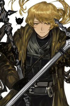 Rule 34 | 1boy, a certain sinclair (project moon), absurdres, arm at side, belt, belt buckle, bird, black gloves, black pants, black shirt, black vest, blonde hair, buckle, claymore (sword), closed mouth, coat, commentary, crew neck, dual wielding, english commentary, facial scar, gloves, grey belt, halberd, half-closed eyes, highres, holding, holding polearm, holding weapon, kefir1704, limbus company, load bearing vest, long hair, long sleeves, looking at viewer, low ponytail, male focus, open clothes, open coat, pants, polearm, ponytail, project moon, scar, scar on cheek, scar on face, shirt, sinclair (project moon), smile, solo, swept bangs, trench coat, tsurime, undershirt, upper body, vest, weapon, white background, yellow coat, yellow eyes, yellow sleeves, zipper pull tab