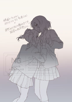 Rule 34 | 2girls, absurdres, blazer, bow, bowtie, clothes grab, commentary request, feet out of frame, gradient background, grey background, greyscale, hair bow, highres, inazuma (elect line), jacket, jacket grab, long sleeves, love live!, love live! school idol project, medium hair, miniskirt, monochrome, multiple girls, nishikino maki, open mouth, otonokizaka school uniform, pleated skirt, school uniform, skirt, translation request, twintails, watermark, winter uniform, yazawa nico
