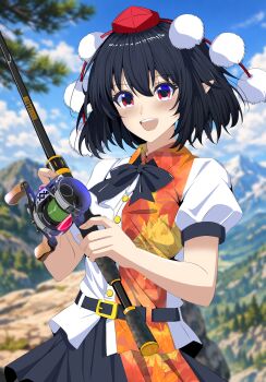 Rule 34 | 1girl, :d, belt, black belt, black bow, black bowtie, black hair, black skirt, blurry, blurry background, blush, bow, bowtie, buttons, cloud, collared shirt, commentary request, cowboy shot, day, fingernails, fishing rod, hands up, hat, highres, holding, holding fishing rod, kitaura kasumi, looking at viewer, mountain, open mouth, pleated skirt, pointy ears, puffy short sleeves, puffy sleeves, red eyes, red hat, shameimaru aya, shirt, short hair, short sleeves, skirt, sky, sleeve cuffs, smile, solo, standing, tokin hat, touhou, upper body, white shirt
