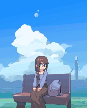 1girl absurdres bag black_skirt blue_eyes blue_sky brown_hair chikuwa_fan973 cloud commentary english_commentary engrish_commentary flat_chest glasses hair_over_shoulder hair_tie highres long_hair long_skirt moon on_bench original semi-rimless_eyewear sitting skirt sky solo tower under-rim_eyewear