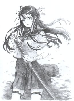 1girl bandaged_arm bandages buckle closed_mouth commentary_request floating_clothes floating_hair graphite_(medium) greyscale hair_between_eyes hair_ribbon highres holding holding_sword holding_weapon katana long_bangs long_hair looking_at_viewer meeya monochrome neckerchief original pleated_skirt ribbon sailor_collar school_uniform serafuku sheath sheathed shirt short_sleeves skirt solo sword thigh_strap traditional_media weapon