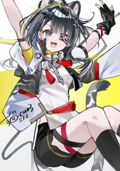 Rule 34 | 1girl, :d, absurdres, animal ears, arknights, arknights: endfield, arms up, artist name, black gloves, black hair, black shorts, black socks, black vest, blue eyes, chinese commentary, commentary request, dated, eyepatch, fang, feet out of frame, fingerless gloves, gloves, grey background, highres, long hair, maocaocaocao, one eye covered, open mouth, shirt, shorts, signature, skin fang, smile, socks, solo, tangtang (arknights), two-tone background, vest, white shirt, yellow background