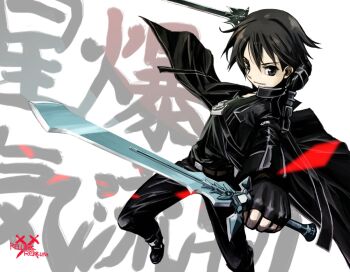 Rule 34 | 1boy, ankle boots, artist logo, artist name, belt, black boots, black coat, black gloves, black hair, black pants, black shirt, boots, brown belt, coat, collared coat, commentary request, dark repulser, dual wielding, elucidator, fingerless gloves, floating clothes, floating shards, foot out of frame, gloves, grey eyes, grey trim, hands up, holding, holding sword, holding weapon, jun (rellik &amp; redrum), kirito, logo, long sleeves, male focus, messy hair, pants, scabbard, sheath, shirt, short hair, smile, solo, sword, sword art online, v-shaped eyebrows, watermark, weapon, white background, wing collar