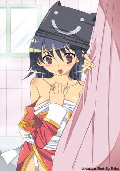 1girl black_hair black_hat blush breasts brown_eyes cleavage commentary curtains dated deviruchi_hat dress english_commentary garter_straps hat high_priest_(ragnarok_online) indoors izumishibo juliet_sleeves large_breasts long_sleeves looking_at_viewer medium_hair off_shoulder open_mouth puffy_sleeves ragnarok_online red_dress sash solo two-tone_dress upper_body white_dress white_sash window