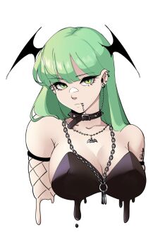 1girl alternate_costume bat_necklace black_collar black_leotard collar collarbone commentary darkstalkers ear_piercing elbow_gloves english_commentary face_piercing fishnet_gloves fishnets gloves green_eyes green_hair hair_behind_ear head_tilt head_wings highres jewelry leotard lip_piercing liquid long_hair looking_at_viewer morrigan_aensland necklace piercing portrait shinibun solo twitter_username white_background wings