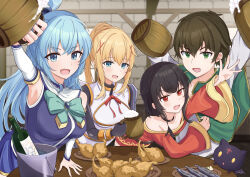 Rule 34 | 1girl, 3girls, :d, absurdres, alcohol, aqua (konosuba), aqua eyes, arm support, arm up, bar censor, bare shoulders, beer, beer mug, belt, black hair, blonde hair, blue eyes, blue hair, blue shirt, blurry, blurry background, blush, bottle, breasts, brick wall, brown belt, brown hair, capelet, censored, chomusuke, collarbone, commentary, cowboy shot, cup, darkness (konosuba), detached sleeves, dress, dual wielding, fish (food), fried chicken, frown, green capelet, green eyes, grey shirt, grilled fish, hair between eyes, hair ornament, hand on table, highres, holding, holding cup, indoors, kono subarashii sekai ni shukufuku wo!, large breasts, leaning forward, long hair, long sleeves, looking at viewer, megumin, mug, multiple girls, neck ribbon, off-shoulder dress, off shoulder, open mouth, outstretched hand, ponytail, reaching, red dress, red eyes, red ribbon, ribbon, satou kazuma, sayu (user yjsz2885), shirt, short hair, short hair with long locks, sidelocks, sleeveless, sleeveless shirt, smile, straight hair, toasting (gesture), tsurime, upper body, v-shaped eyebrows, very long hair, white sleeves, wide sleeves, wine bottle, x hair ornament