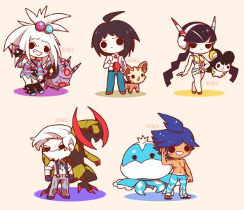 Rule 34 | :d, ahoge, artist name, asymmetrical footwear, bass guitar, beard, black footwear, black hair, blue dress, blue footwear, blue pants, blue shirt, blue shorts, brown footwear, cheren (pokemon), chibi, clenched hands, closed mouth, commentary, dark-skinned male, dark skin, drayden (pokemon), dress, elesa (pokemon), emolga, english commentary, eyelashes, facial hair, freckles, full body, gen 5 pokemon, gloves, grey pants, hair bobbles, hair ornament, hand on own hip, haxorus, headphones, holding, holding bass guitar, holding instrument, instrument, jellicent, jellicent (male), koki arts, lillipup, long hair, marlon (pokemon), mismatched footwear, necktie, nintendo, open mouth, pants, pokemon, pokemon (creature), pokemon bw, pokemon bw2, purple dress, purple footwear, purple gloves, red footwear, red necktie, roxie (pokemon), sandals, shirt, short hair, short hair with long locks, shorts, sidelocks, simple background, sleeveless, sleeveless shirt, smile, standing, striped clothes, striped dress, striped pants, suspenders, sweatdrop, tan, tanline, topknot, topless male, two-tone dress, two-tone shirt, two-tone shorts, v-shaped eyebrows, waving, whirlipede, white hair, white shirt, yellow shirt, yellow shorts