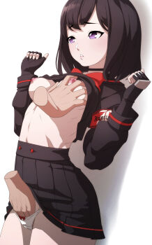 Rule 34 | 1girl, absurdres, armband, black choker, black gloves, black hair, black serafuku, blsh (blshwrks), blue archive, bow, bow panties, breasts, choker, clothes lift, commentary, disembodied hand, english commentary, fingerless gloves, gloves, grabbing another's breast, groping, hand in panties, highres, mashiro (blue archive), medium breasts, molestation, nipples, no bra, panties, purple eyes, red bow, school uniform, serafuku, shirt lift, short hair, simple background, underwear, white background, white panties