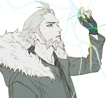 1boy arm_up beard commentary facial_hair fingerless_gloves fur-trimmed_hood fur_trim gloves greyscale highres holding hood hood_down hooded_jacket jacket looking_at_object lysandre_(pokemon) male_focus monochrome nintendo parted_lips pokemon pokemon_legends:_z-a profile seyyy_12345 shirt solo spot_color upper_body