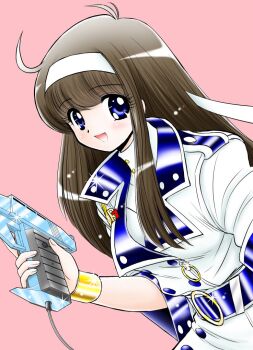 Rule 34 | 1girl, at lady!, automatic-tec 7, belt, black belt, blue eyes, brown hair, buttons, commentary request, double-breasted, glint, gold bracer, gun, hairband, hand up, holding, holding gun, holding weapon, jacket, long hair, official artist extra, okano takeshi, open mouth, pink background, shirt, simple background, skirt, smile, solo, teeth, upper teeth only, weapon, white hairband, white jacket, white shirt, white skirt