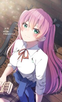 Rule 34 | 1girl, absurdres, aikawa megumi, bench, clothes around waist, commentary request, food, green eyes, hair tie, heaven burns red, highres, holding, holding food, long hair, looking at viewer, neck ribbon, on bench, pink hair, puyopiku, red ribbon, ribbon, school uniform, shirt, translated, white shirt, wooden bench