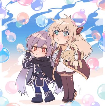 Rule 34 | 2girls, animal, animal request, blonde hair, blowing bubbles, blush, brown necktie, bubble, chibi, chibi only, chinese commentary, collared dress, commentary request, dress, duel monster, emptyayya, gloves, green eyes, grey hair, holding, holding animal, long hair, long sleeves, multiple girls, necktie, red eyes, scarf, sky striker ace - raye, sky striker ace - roze, standing, thighhighs, tiptoes, twintails, two-tone dress, yu-gi-oh!