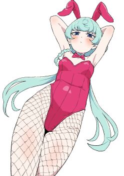 1girl aikatsu!_(series) aikatsu_friends! alicia_charlotte animal_ears aqua_hair arms_up blue_eyes blush bow bowtie braid breasts detached_collar fishnet_pantyhose fishnets highres leotard long_hair looking_at_viewer low_twintails osame pantyhose pink_leotard playboy_bunny rabbit_ears side_braid small_breasts solo twintails very_long_hair