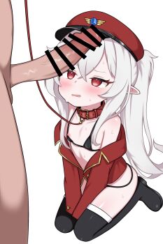 1boy 1girl absurdres bar_censor bdsm bikini black_bikini censored collar commentary commission english_commentary flat_chest hat hetero highres leash loli long_hair micro_bikini original penis pointy_ears red_collar red_eyes sitting slave swimsuit thighhighs variant_set white_background white_hair zing_(z_z_zing)