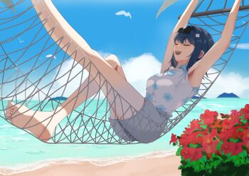 1girl armpits arms_up barefoot beach blue_hair blue_sky bush closed_eyes flower flower_request grey_shorts hammock hekate_(hero_killer) hero_killer highres kenooba lying open_mouth sand shirt short_hair shorts sky sleeveless sleeveless_shirt smile summer sunglasses sunglasses_on_head water white_shirt